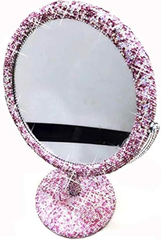 Bling Rhinestone Portable Magnified Double Sided Swivel Makeup Vanity Mirror, 360°Rotate Makeup Mirror Round Shaped Two-Sided Makeup Mirror (Pink)