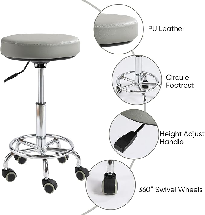 Adjustable Rolling Stool with Wheels - Ergonomic Salon & Tattoo Artist Chair, Office Stool with Comfortable PU Leather Seat, Grey