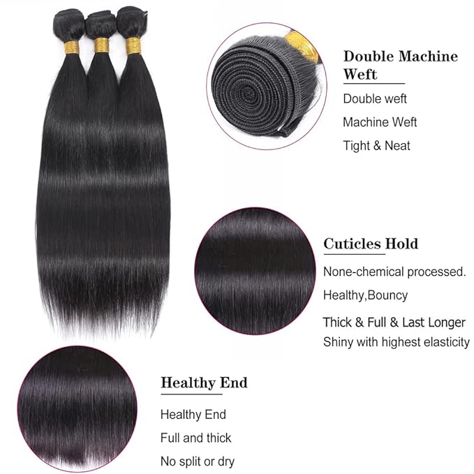 Black Human Hair Weave Straight Hair Bundles Brazilian 18 20 22 Inch Color #1B Straight Bundles Hair Extensions Soft and Silky for Women