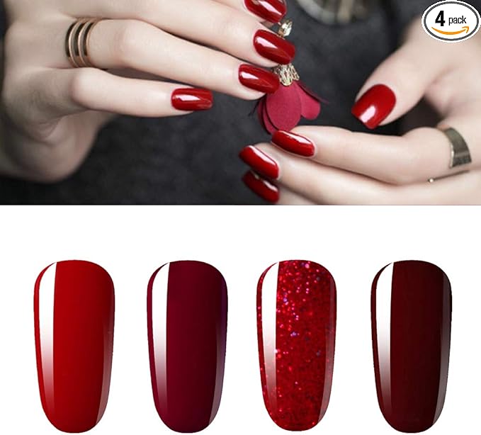 Vishine Gel Nail Polish Kit 4pcs Soak Off Burgundy Red Nail Polish Set New Starter Nail Art Manicure Gift Set 15ml