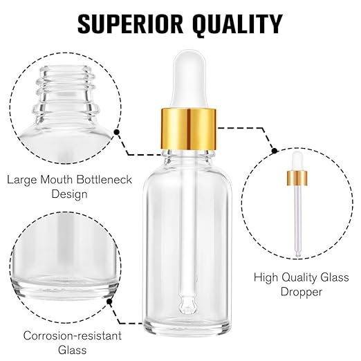 PrettyCare Eye Dropper Bottle 2 oz (63 Pack Clear Glass Bottles 60ml with Golden Caps, 2 Extra Eye Droppers, 120 Labels, 10 Funnel & Measured Pipettes) Empty Tincture Bottles for Essential Oils