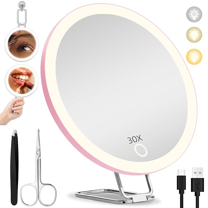 30X Magnifying Mirror with Light, 6'' Makeup Magnifying Mirror, Lighted Makeup Mirror with Magnification 30x Travel Magnifying Mirror, 30X High Magnifying Mirror with 3 Suction Cups & Adjustable Stand