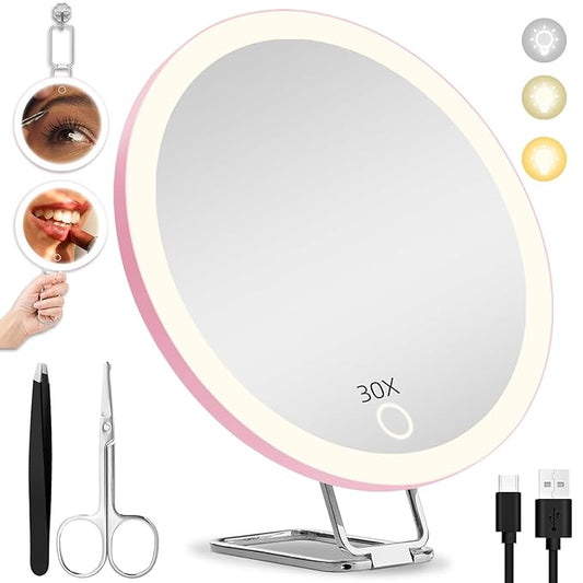 30X Magnifying Mirror with Light, 6'' Makeup Magnifying Mirror, Lighted Makeup Mirror with Magnification 30x Travel Magnifying Mirror, 30X High Magnifying Mirror with 3 Suction Cups & Adjustable Stand