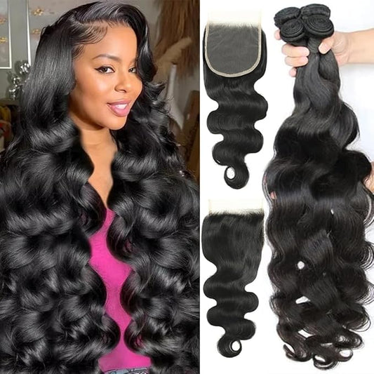 Body Wave Human Hair Bundles with Closure (24 26 28 30+22) 5x5 HD Closure with Bundles Human Hair 4 Weave 12A Brazilian 100% Unprocessed Virgin Weft Hair Free Part