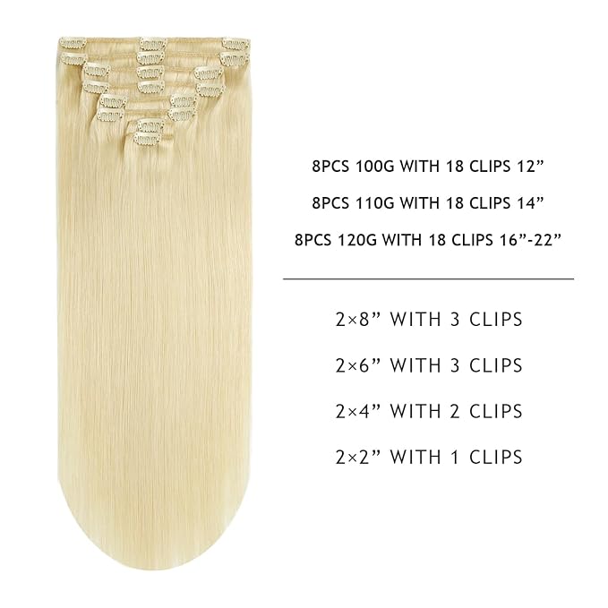 YILITE Clip in Hair Extensions - Real Human Hair 120Gram 8Pcs Full Head Double Weft Invisible Straight Remy Hair Extensions -Clip in (22inches #60 Platinum Blonde)