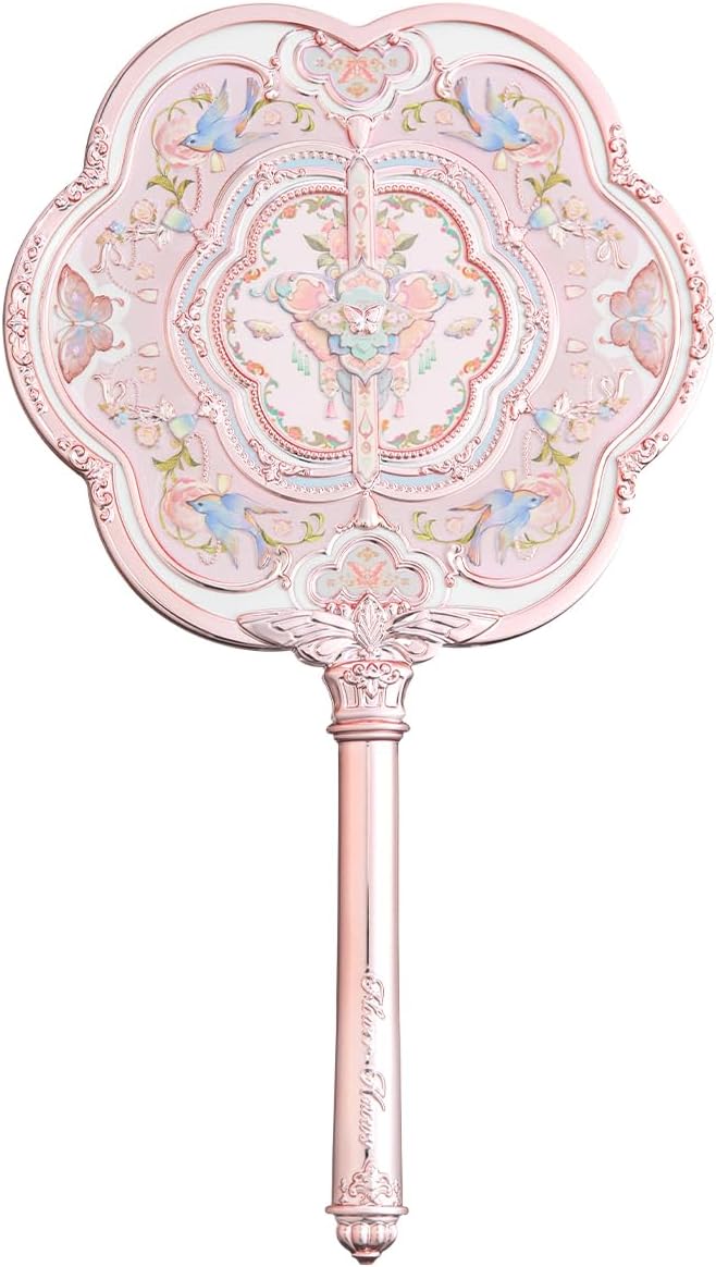 Flower Knows Butterfly Cloud Collar Hand Mirror,Portable Vintage Handheld Mirror,Durable Metal Mirror,Cute & Aesthetic Princess Mirror,with Long Handle for Easy Holding,Gift for Girls(Lotus Pink)