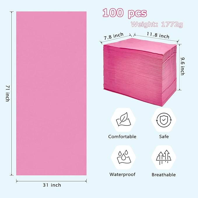 100Pcs Disposable Massage Table Sheets 31" x 71" Non-Woven Fabric Disposable Bed Sheets SPA Bed Cover Breathable Oil-Waterproof Sheets for Travel Spa Tatto Hotel Salon (Pink)