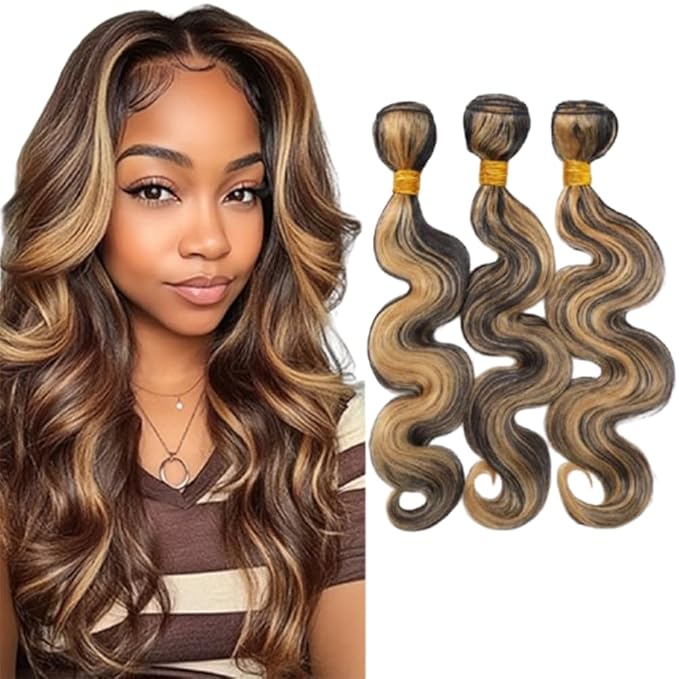 P1B27 Human Hair Bundles Highlight Body Wave Bundles Black and Honey Blonde Body Wave Human Hair Brazilian Weave Soft and Silky for Black Women 16 18 20 Inch