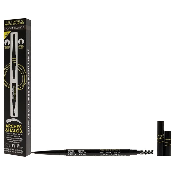 Arches & Halos 2-In-1 Defining Eyebrow Pencil And Powder - Shapes And Fills In Sparse Brows For Natural Look - Soft Textured Powder Formula - Dual Ended With Spoolie Brush - Mocha Blonde - 0.017 Oz
