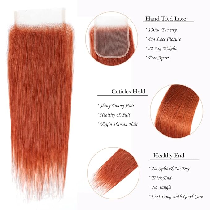 REMY HAIR Straight Burnt Orange 3 Human Hair Bundles with Lace Closure 4ﾗ4 Free Part 100% Brazilian Remy Orange Human Hair Weaves for Black Women Color #350 (14 16 18 + C14)
