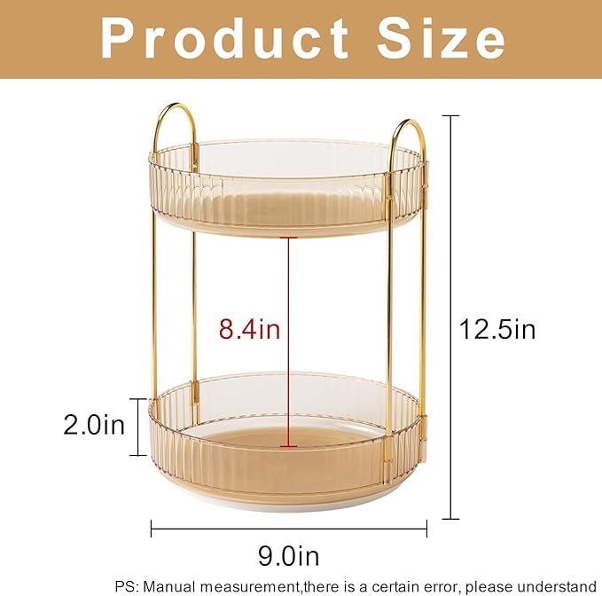 360 Rotating Makeup Organizer, Yellow, Unisex, 2 Tier Countertop Storage, Large Capacity, Cosmetics, Perfume, Skincare, Lipsticks