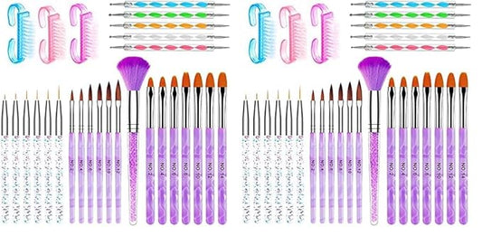 AROIC Acrylic Nail Brush Set - 28 Pcs Including UV Gel Art Brushes, 3D Extension Brush, Double Ended Dotting Pen for DIY With White Box, Colorful (Pack of 2)