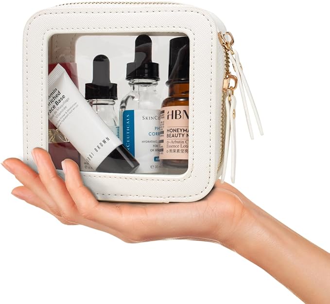 Small Makeup Bags for Purse TSA Approved Toiletry Bag Small Cute Clear Toiletry Bags for Carry-on Traveling Travel Size Car Accessories Essentials Organziation Storage for Women Girls(White, Mini)