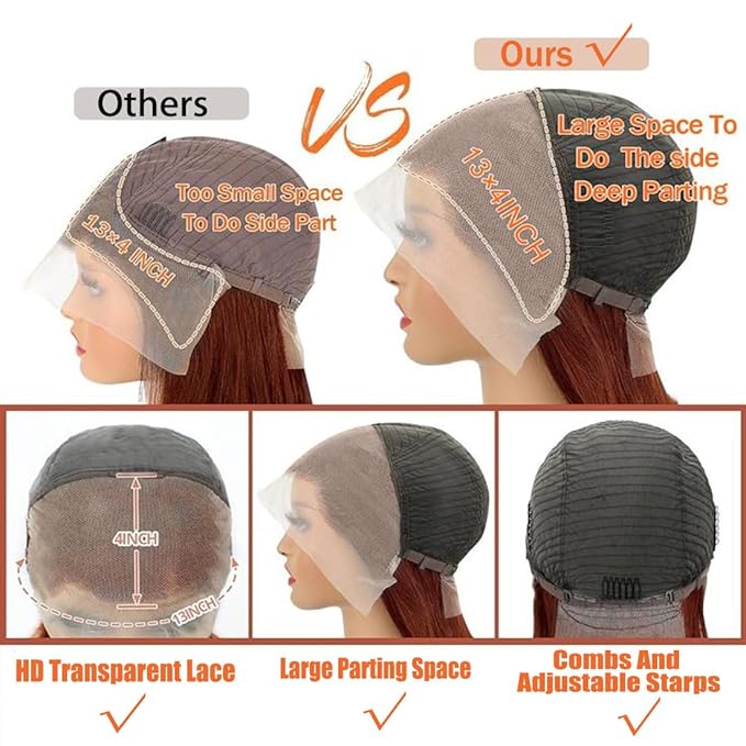 13x4 HD Lace Front Wigs Human Hair Reddish Brown Brazilian Unprocessed Straight Human Hair Lace Frontal Wig with Baby Hair Auburn Copper Colored Glueless Wigs for Women (Reddish Brown,26 Inch)