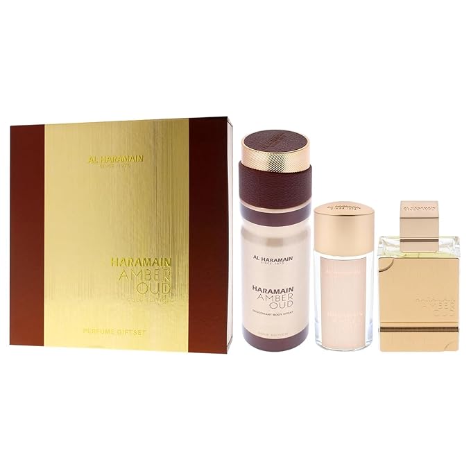 Al Haramain Amber Oud Gold Edition 3 Pc Gift Set for Unisex - Luxury Cologne & Perfume for Men & Women - 2.5 oz EDP Spray, 1 oz EDP Spray, 6.6 oz Body Spray - Arabian & Arabic Long Lasting Fragrance