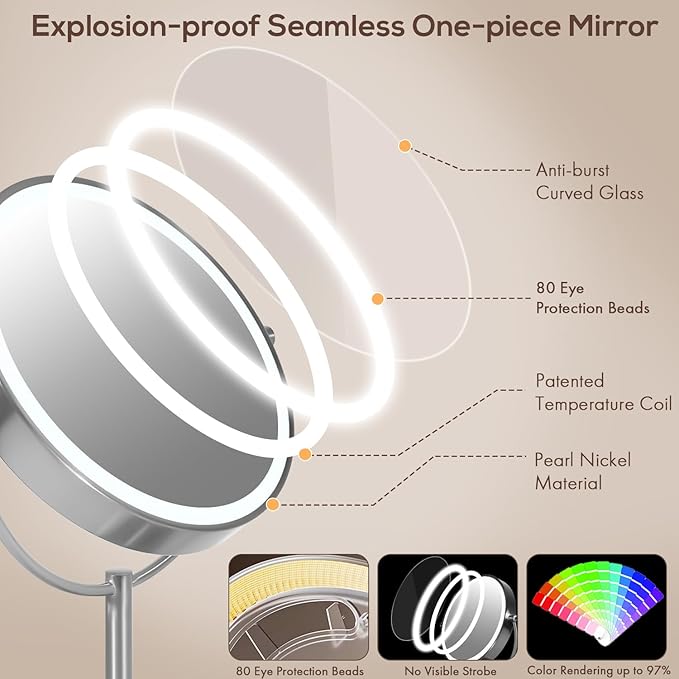 VESAUR 1X15X HD Lighted Makeup Mirror, 9" Large 5000mAh Rechargeable Double Sided Magnifying Mirror with 3 Touch Dimmable Light, 360°Rotation Detachable for Travel Vanity Mirror, Pearl Nickel, Gifts