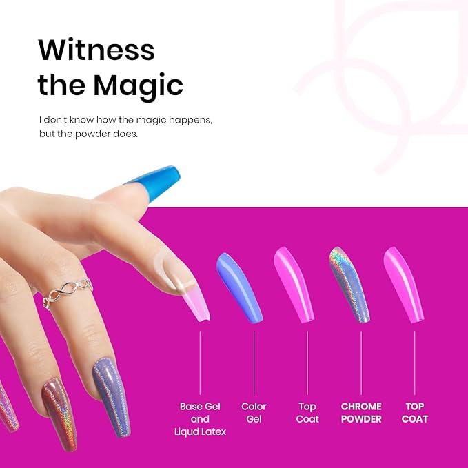 Beetles Chrome Nail Powder 8 Colors Metallic Mirror Effect Chrome Nail Powder with Liquid Latex Tape Kit,White Silver Pigment Iridescent Mermaid Glitter Pink Blue, Gel Polish Decoration Gift for Women