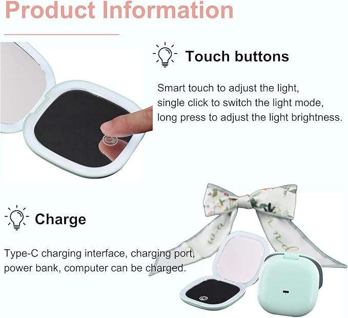 Makeup Mirror with Lights - Dual-Sided Green LED Pocket Mirror, 1X/5X Magnifying Travel Mirror, 3 Light Modes, Rechargeable Handheld Mirror for On-The-Go Makeup, Grooming, and Gifts