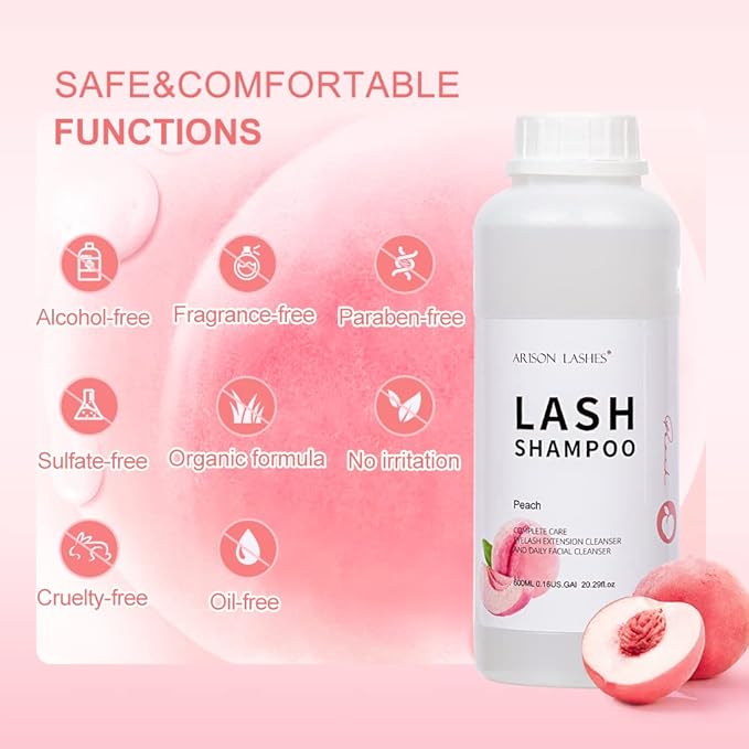 Arison Eyelash Eyelash Extension Shampoo 600ml/ Eyelid Foaming Cleanser/Wash for Extensions and Natural Lashes/Paraben & Sulfate Free Safe Makeup & / Professional & Self Use (Peach)