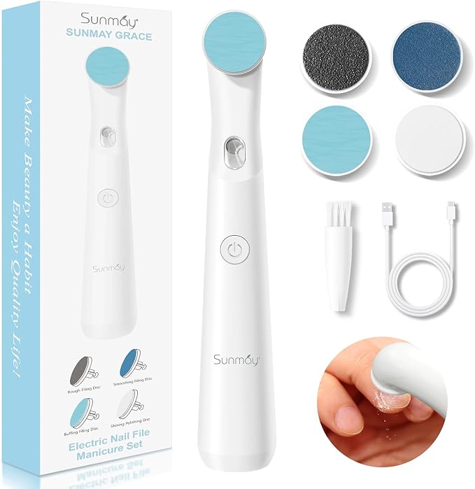 SUNMAY Electric Nail File Set, Rechargeable Nail Files and Buffers for Women Natural Gel Nails Toenails Salon with 4 Filing Discs, Professional Cordless Nail File Machine for Home Nail Pedicure