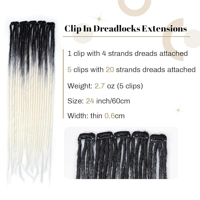 20 Strands 5 Clips In Dreadlock Extensions, 24 inch Gray to White Synthetic Clip In Dreads Extensions for Woman