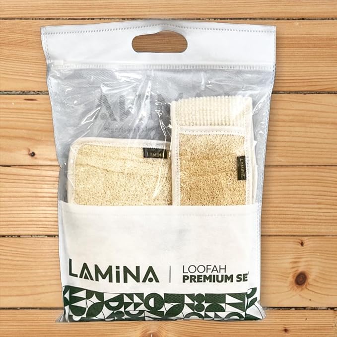 4 PCS - Lamina Natural-Organic, Loofah Sponge, Body Scrubber, Shower Beth Loofah (Back Long, Double Sided Mitt, Mini Mitt and Face loofah)