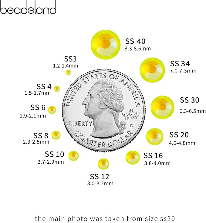 Beadsland 288pcs Flat Back Crystal Rhinestones Round Gems for Nail Art and Craft Glue Fix, Luminous Yellow, SS30, 6.3-6.5mm