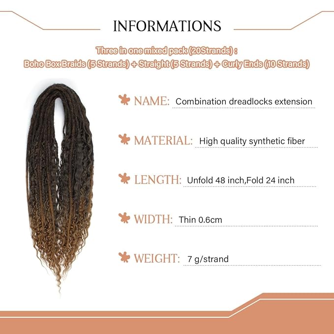 24 Inch Double Ended Dreadlock Extensions Sets, 20 Strands 3 In 1 Mixed Synthetic Dreads Extensions, Ombre Brown Straight&Curly&Boho Handmade Dreads Hippie Style Dreadlocks for Woman