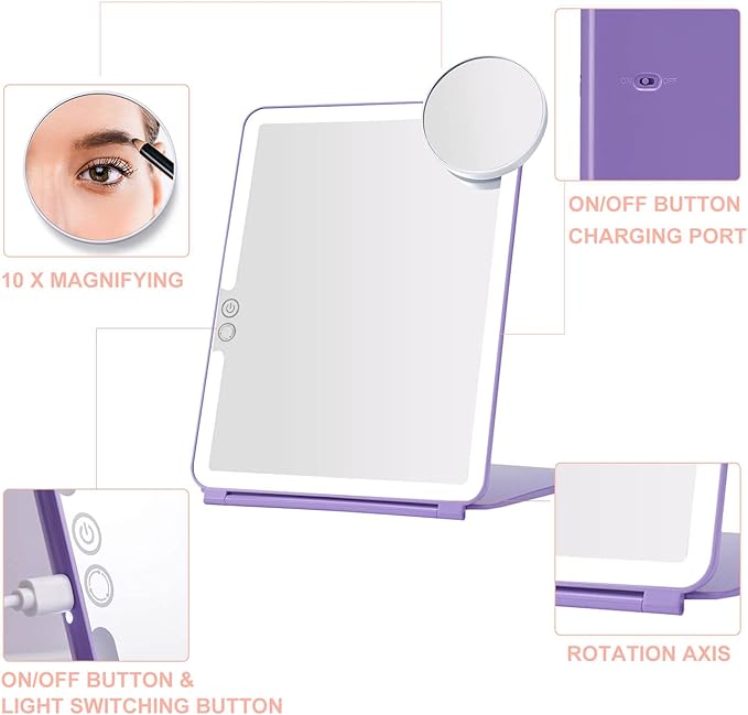 LED Foldable Travel Makeup Mirror - 7x9 inches 3 Colors Light Modes USB Rechargeable Touch Screen, Portable Tabletop Cosmetic Mirror for Travel, Cosmetic, Office (Violet)