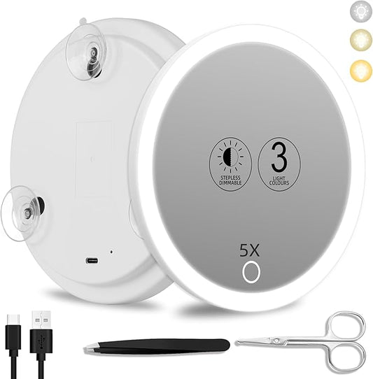 5x Lighted Magnifying Mirror with Suction Cups, Large 6'' Magnified Mirror with Light High Magnification Travel Makeup Mirror, Rechargeable Battery, 3 Colors Dimming Light, with Tweezers &Scissors