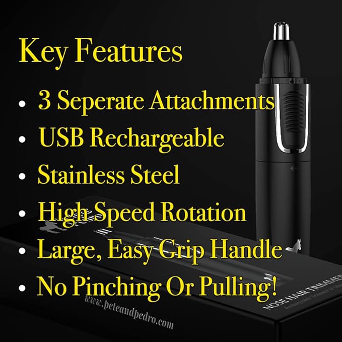 Pete & Pedro Nose & Ear Hair Trimmer – Clipper Has 3 Attachments for Nose/Ear, Eyebrows Trimming, & Facial Hair Detailing | Men & Women, Stainless Steel, Wet/Dry, USB | As Seen on Shark Tank