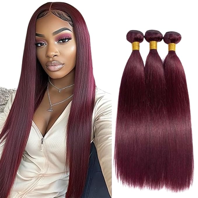 Burgundy Bundles Straight Human Hair Wine Red Straight Bundles Human Hair Color 99j Brazilian Weave Wet and Wavy Soft Silky for Woman 24 26 28 Inch
