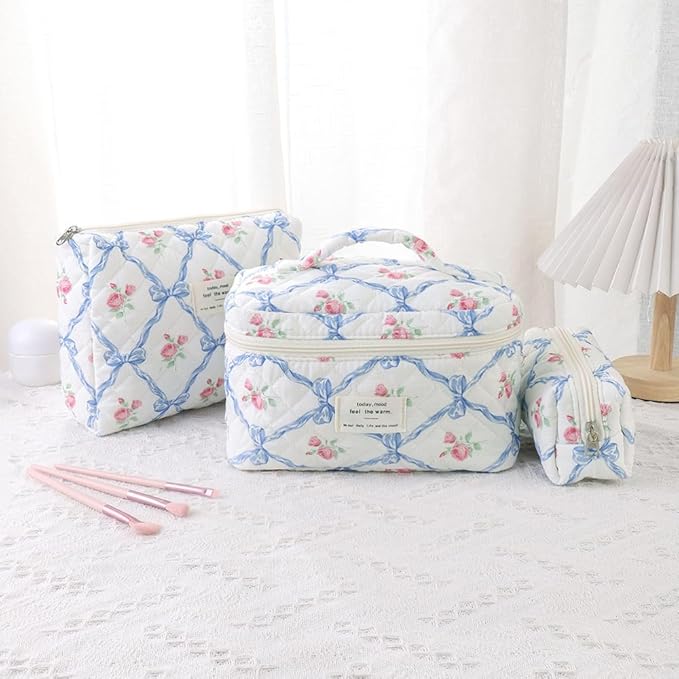 Makeup Bag, 3 PCS Quilted Makeup Bag, Cute Floral Cotton Cosmetic Bag set, Coquette Makeup Pouch Large Travel Toiletry Bag