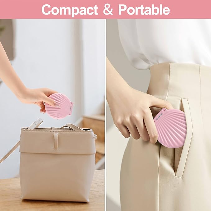 Shell Travel Mirror with Lights and 10x / 2X Magnification, Mini Makeup Mirror LED Lighted, Dimmable, Rechargeable Compact Mirror for Pocket, Patented Design Gifts for Mom/Daughter (Pink Electric)