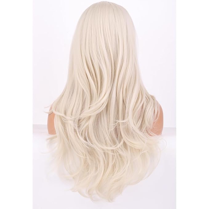 BERON Platinum Blonde Wigs Long Wavy Wig for Women Natural Curly Light Blonde Heat Resistant Synthetic Hair Wigs for Cosplay Party Daily or Use