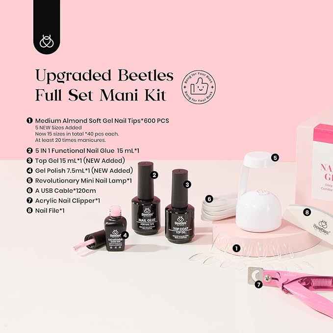 Beetles Gel Nail Kit - 600Pcs 15 Sizes Medium Almond Tips With Pink Color Gel Top Coat, Soft Clear Press-on, 5-in-1 Glue, UV Lamp - Easy Extension Set for Women