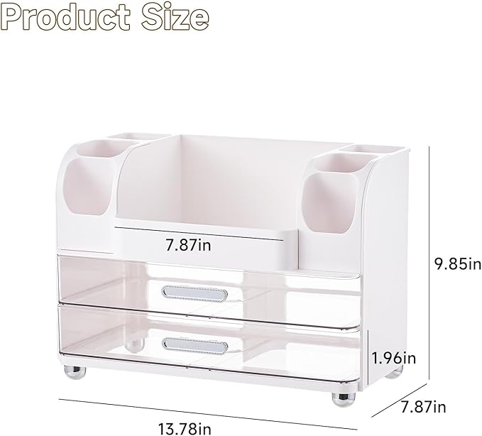 Makeup Organizer for Vanity with 2 Large Drawers, Cosmetic Display Case with Brush Holders, Easy to Storage for Bathroom Countertop Skincare, Desk Office Supplies, White