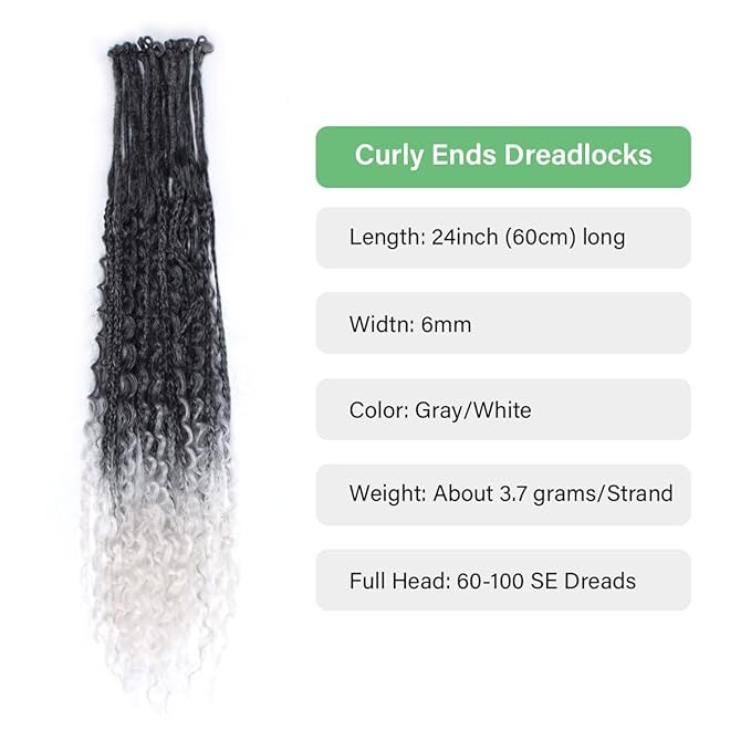24 In 30 Strands Boho Dreadlock Extensions, Gray to White Synthetic Curly Dreads Extensions with Box Braid, 100% Handmade Dreads Hippie Style Dreadlocks for Woman