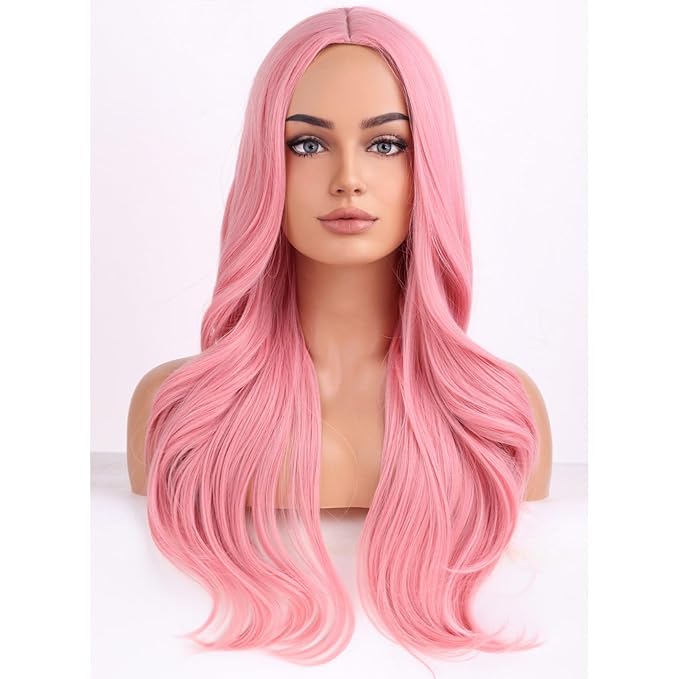 BERON Pink Wigs Long Wavy Wig for Women Natural Curly Pink Colorful Heat Resistant Synthetic Hair Wigs for Cosplay Party Daily or Use