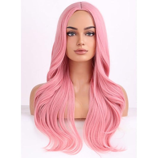 BERON Pink Wigs Long Wavy Wig for Women Natural Curly Pink Colorful Heat Resistant Synthetic Hair Wigs for Cosplay Party Daily or Use