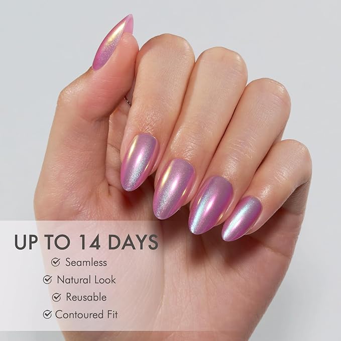 Press on Nails Short Almond - Pink Cat Eye Chrome Nails Kit, Reusable Aurora Effect Fake Nails with Nail Glue, Protector Cuticle Oil, Adhesive Tabs & Mini Nail File - 32 PCS in 16 Sizes (Siren)