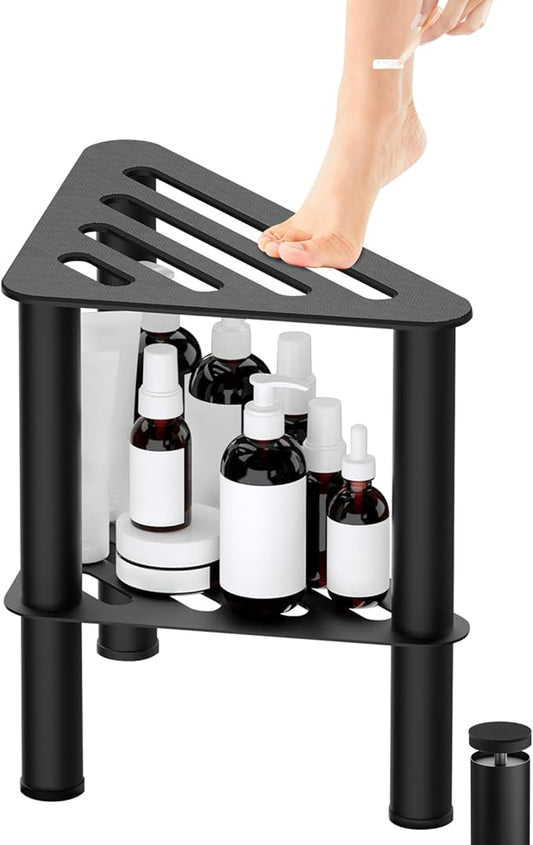 Metal Corner Shower Foot Stool for Shaving Legs, Shower Foot Rest Bench for Inside Shower with Storage Shelf, Small Step Stools, Waterproof Non-Slip Bath Stool to Sit (Black)