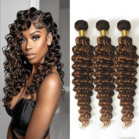 Brown With Highlights Bundles P1B30 Deep Wave Human Hair Bundles Two Tone Black and Brown Brazilian Hair Soft and Silky for Women 20 22 24 Inch