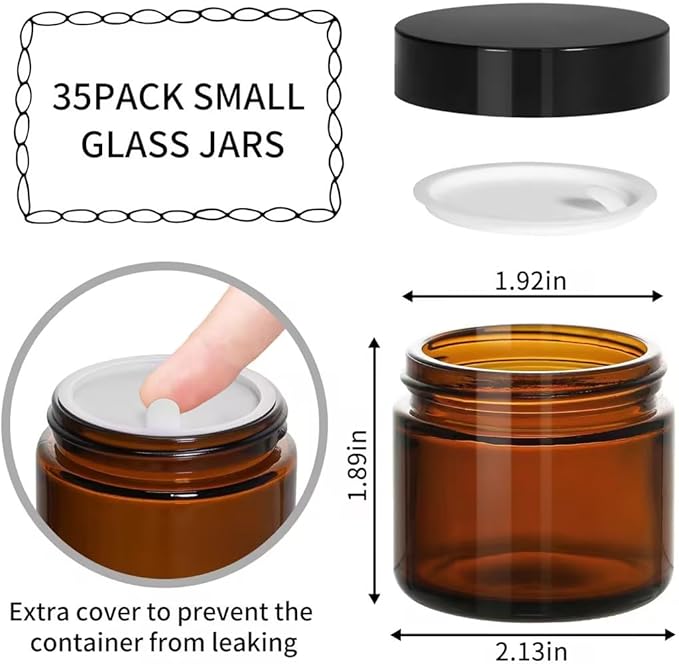 KEYWING 2oz Small Glass Jars, 35 Pack Amber Glass Cosmetic Jars with Black Lids, Round Sample Container with Inner Liners for Cream, Lotions, Powders and Ointments