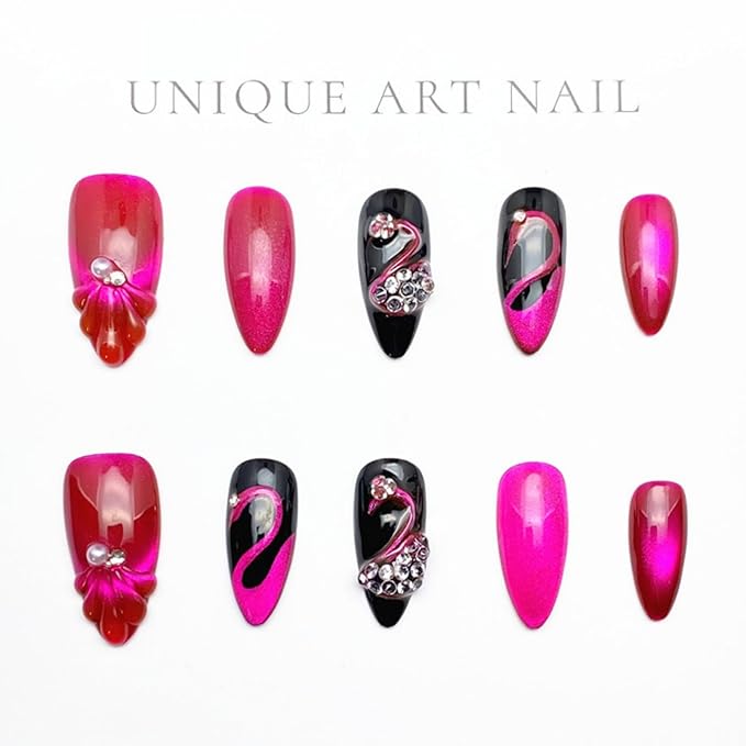 Almond Press on Nails Handmade Medium Long/Stiletto 3D Flower Fake Nail with Designs, Women Reusable False Nails (Hot Pink, S)