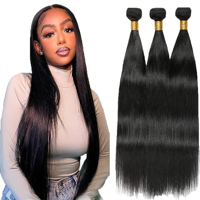 Color 1B Human Hair Bundles Straight Bundles Natural Color Straight Brazilian Human Hair Weave Extensions Soft and Silky for Black Women 20 22 24 Inch