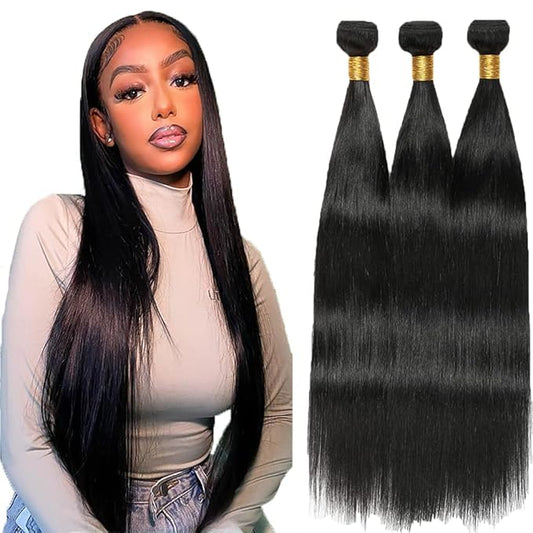 Color 1B Human Hair Bundles Straight Bundles Natural Color Straight Brazilian Human Hair Weave Extensions Soft and Silky for Black Women 20 22 24 Inch