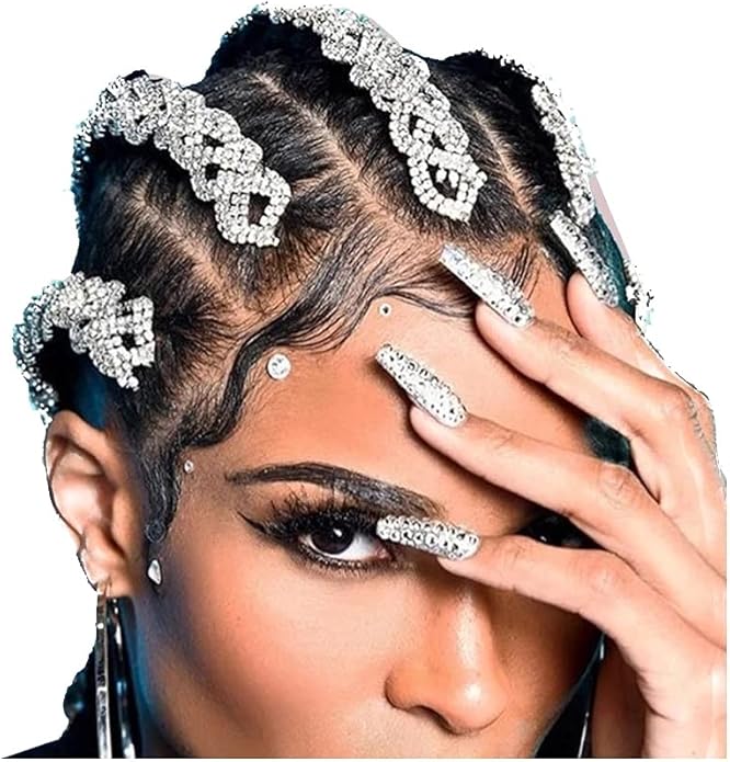 StoneFans Rhinestone Hair Jewelry for Braids Accessories HIP HOP Braid Jewelry Silver Bling Headpiece 3pcs Wedding Set