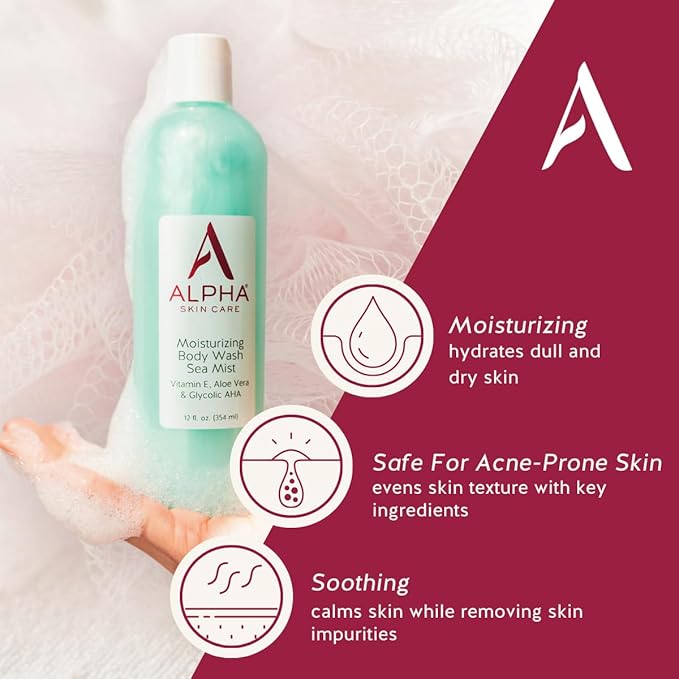 Alpha Skin Care Moisturizing Body Wash, Gentle Soap-Free Anti-Aging Formula, Glycolic AHA, Vitamin E & Aloe Vera, Conditions & Soothes, All Skin Types Hydroxy Acid, 12 Oz, Pack of 2