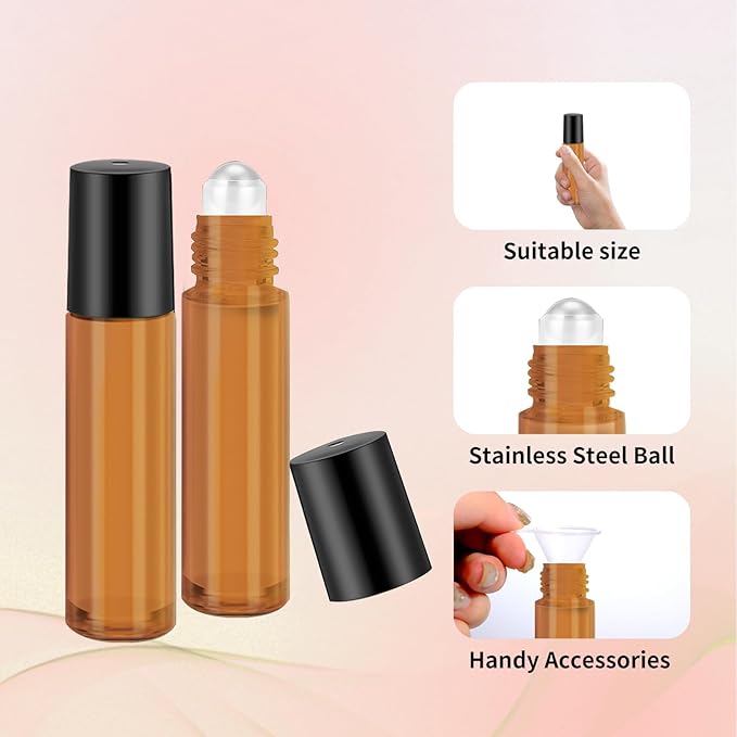 150 Pcs Essential Oil Roller Bottles 10 ml Leakproof Empty Glass Roll on Bottles with Stainless Steel Roller Balls with 20 Funnels 20 Droppers for Travel Perfume Essential Oil(Amber)